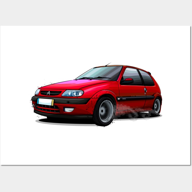 Citroen Saxo Illustration - Red Wall Art by Mario Ramos Rally Art